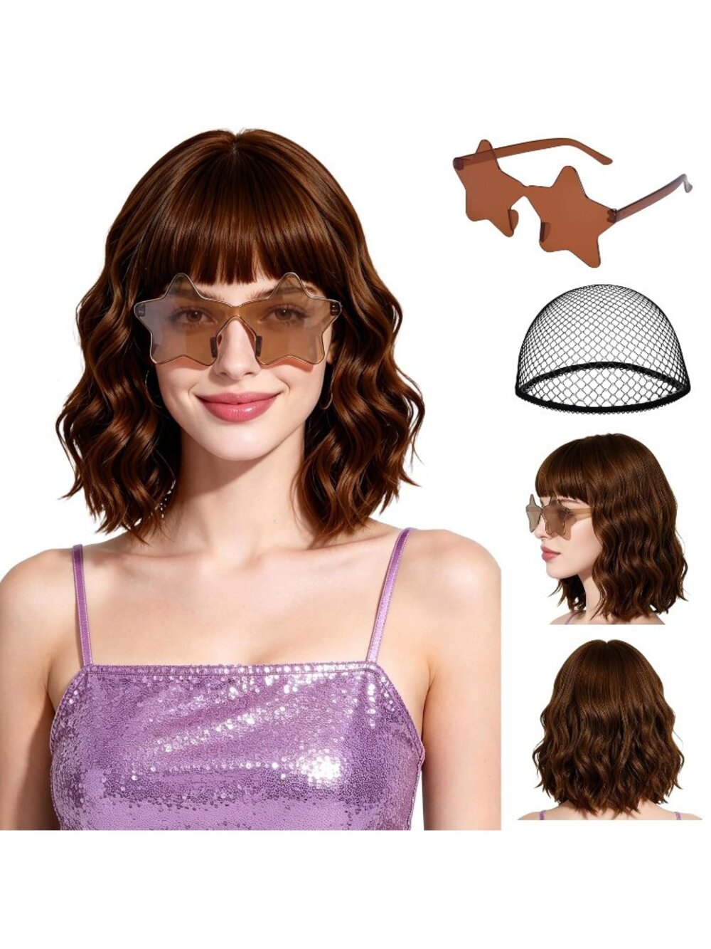 Women's Dark Brown Short Wavy Bob Bangs 15.7 Inch Heat Resistant Synthetic Wig